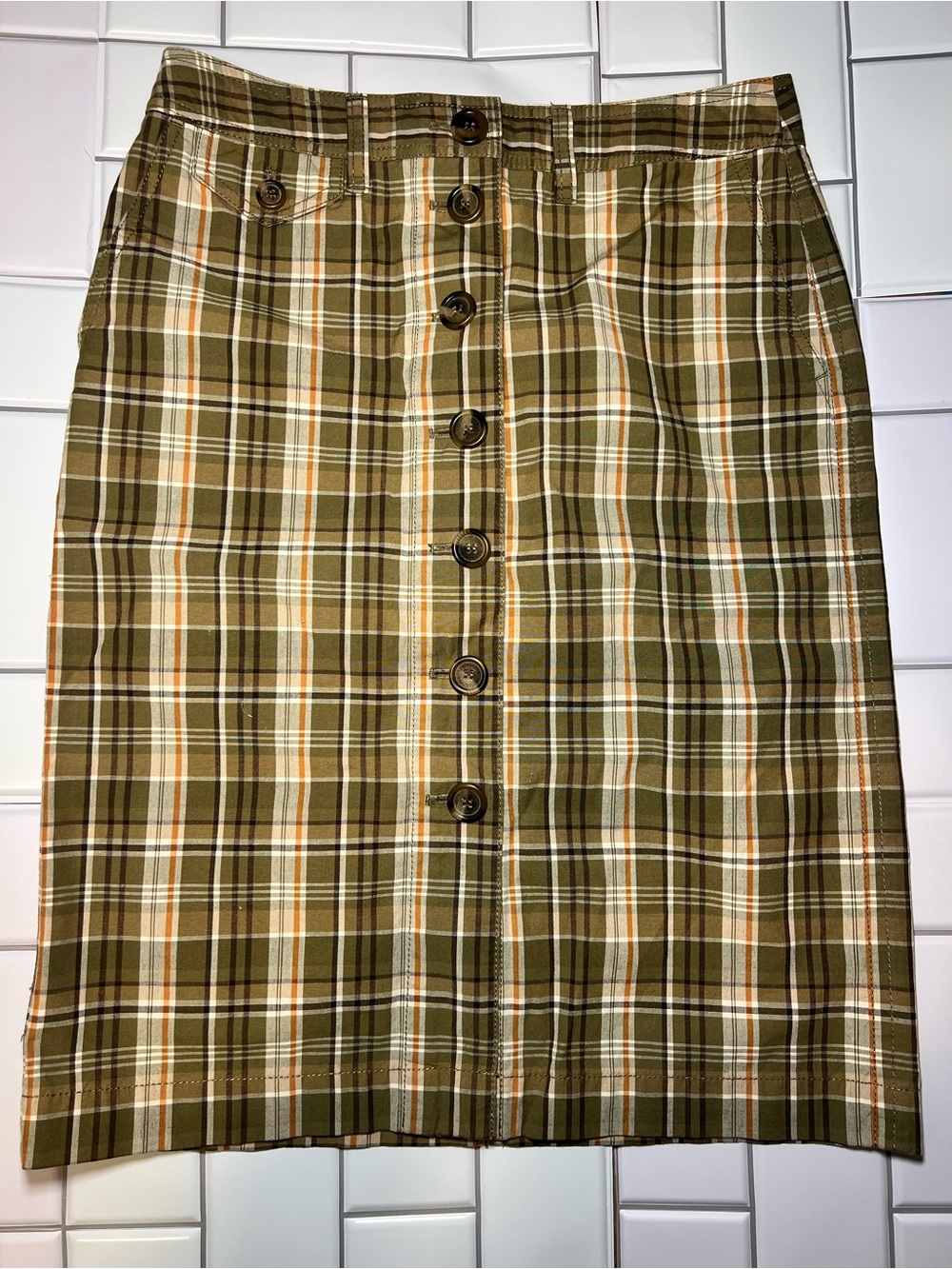 Liz Claiborne Olive Plaid Button-Front Pencil Skirt with Cream and Tan Stripes